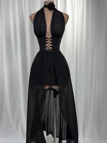 Vestido Frente Única de Tule e Amarrações Preto Vivella Harley