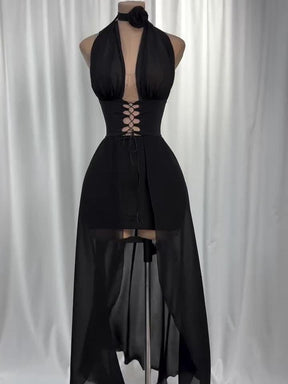 Vestido Frente Única de Tule e Amarrações Preto Vivella Harley