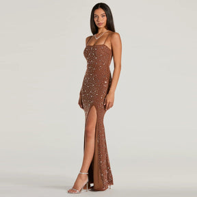 Vestido Longo Brilhante com Fenda Vivella Shine