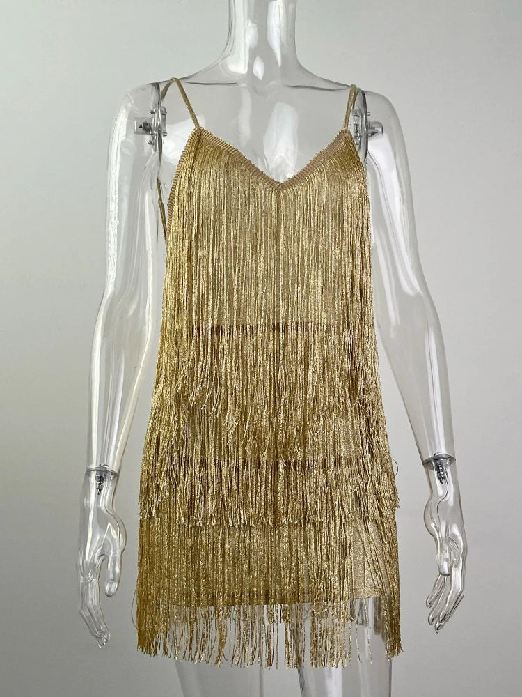 Vestido Curto de Franjas Alça Fina Vivella Lady