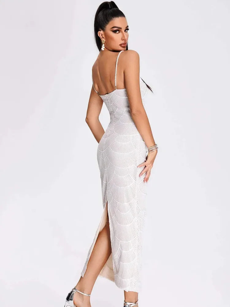 Vestido Midi Bordado com Pérolas Vivella Louise - Alta Elasticidade