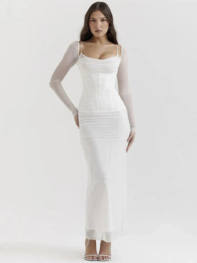 Vestido Longo com Espartilho em Camada Dupla de Tule Vivella Luxury - Manga Longa - GOLDEN ERA
