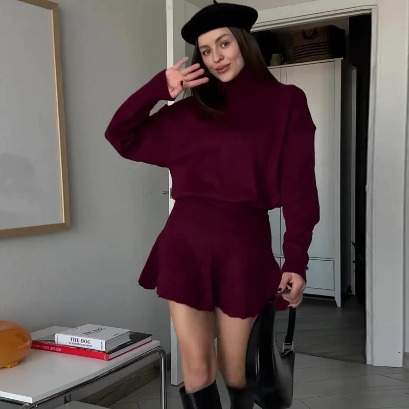 Conjunto Blusa Suéter Manga Comprida e Saia Curta Plissada Vivella Marilyn
