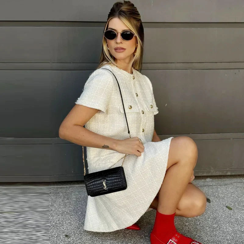 Vestido Curto Tricô com Botões Vivella Celeste