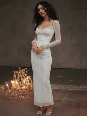 Vestido Longo com Espartilho em Camada Dupla de Tule Vivella Luxury - Manga Longa - GOLDEN ERA