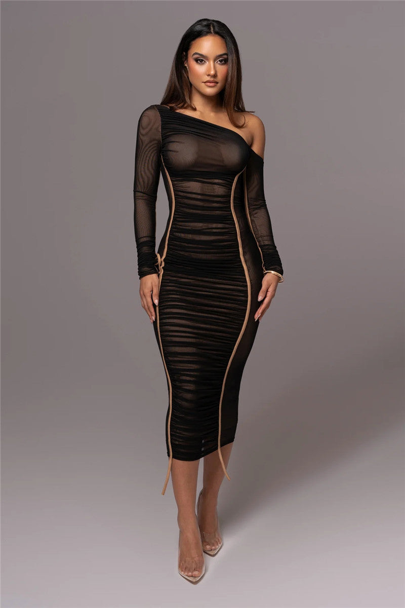 Vestido Midi Manga Longa de Tule Forrado Vivella Lauren