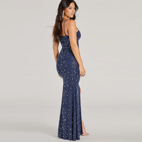 Vestido Longo Brilhante com Fenda Vivella Shine