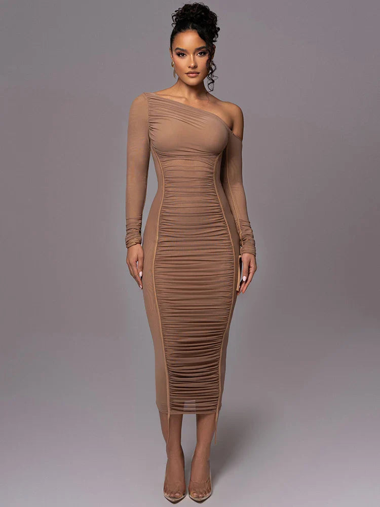 Vestido Midi Manga Longa de Tule Forrado Vivella Lauren