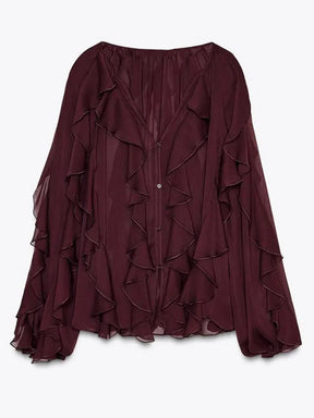 Blusa Manga Longa Chiffon Boho Chic Vivella Royal