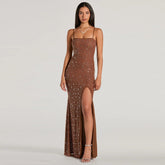 Vestido Longo Brilhante com Fenda Vivella Shine