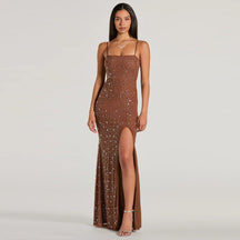 Vestido Longo Brilhante com Fenda Vivella Shine