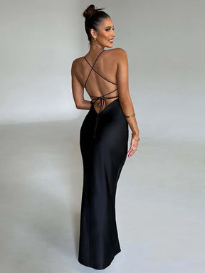Vestido Longo Cetim Decote nas Costas Vivella Savanah