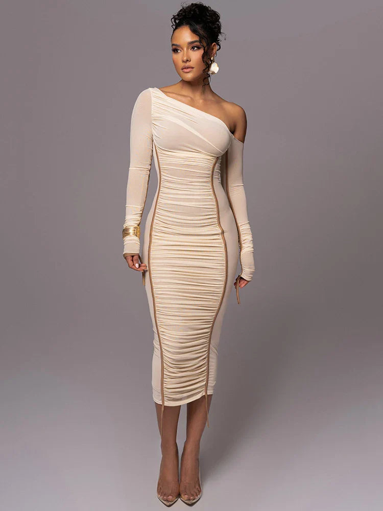 Vestido Midi Manga Longa de Tule Forrado Vivella Lauren