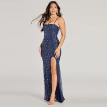 Vestido Longo Brilhante com Fenda Vivella Shine