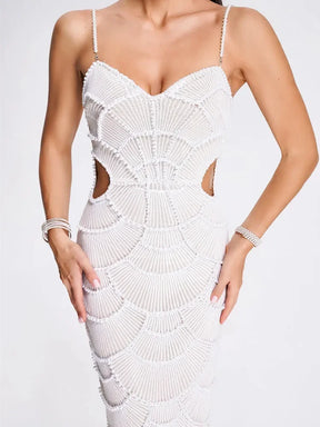 Vestido Midi Bordado com Pérolas Vivella Louise - Alta Elasticidade