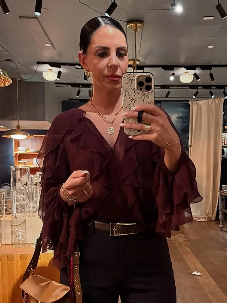 Blusa Manga Longa Chiffon Boho Chic Vivella Royal