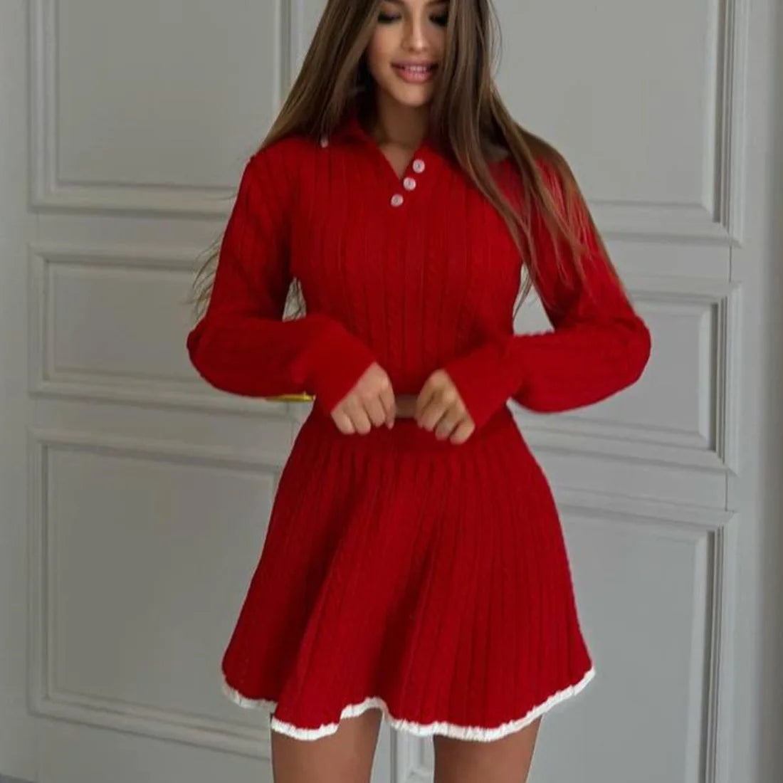 Conjunto Tricô Cropped Manga Comprida e Saia Vivella Antonella