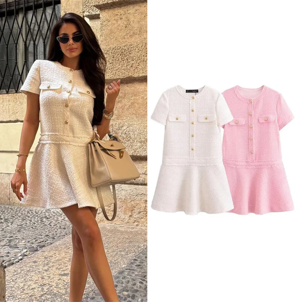 Vestido Curto Tricô com Botões Vivella Celeste