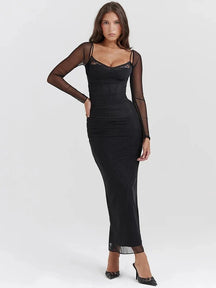 Vestido Longo com Espartilho em Camada Dupla de Tule Vivella Luxury - Manga Longa - GOLDEN ERA