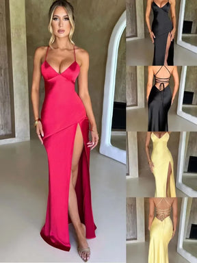 Vestido Longo de Cetim com Fenda e Decote nas Costas Vivella Stela
