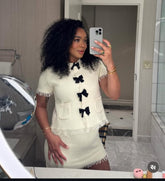 Conjunto Tricô Blusa Manga Curta e Saia Curta Vivella Safira