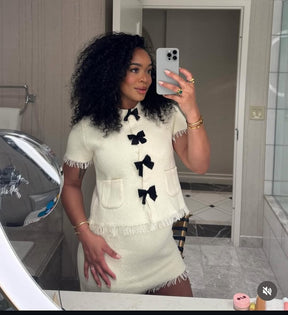 Conjunto Tricô Blusa Manga Curta e Saia Curta Vivella Safira