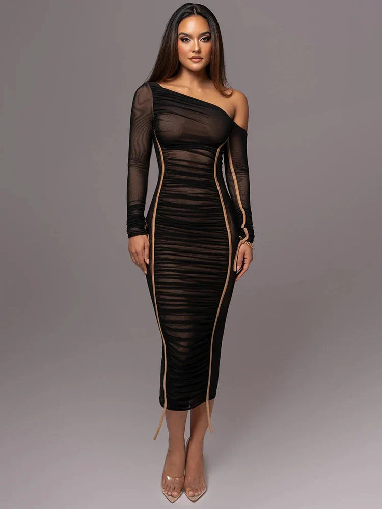 Vestido Midi Manga Longa de Tule Forrado Vivella Lauren