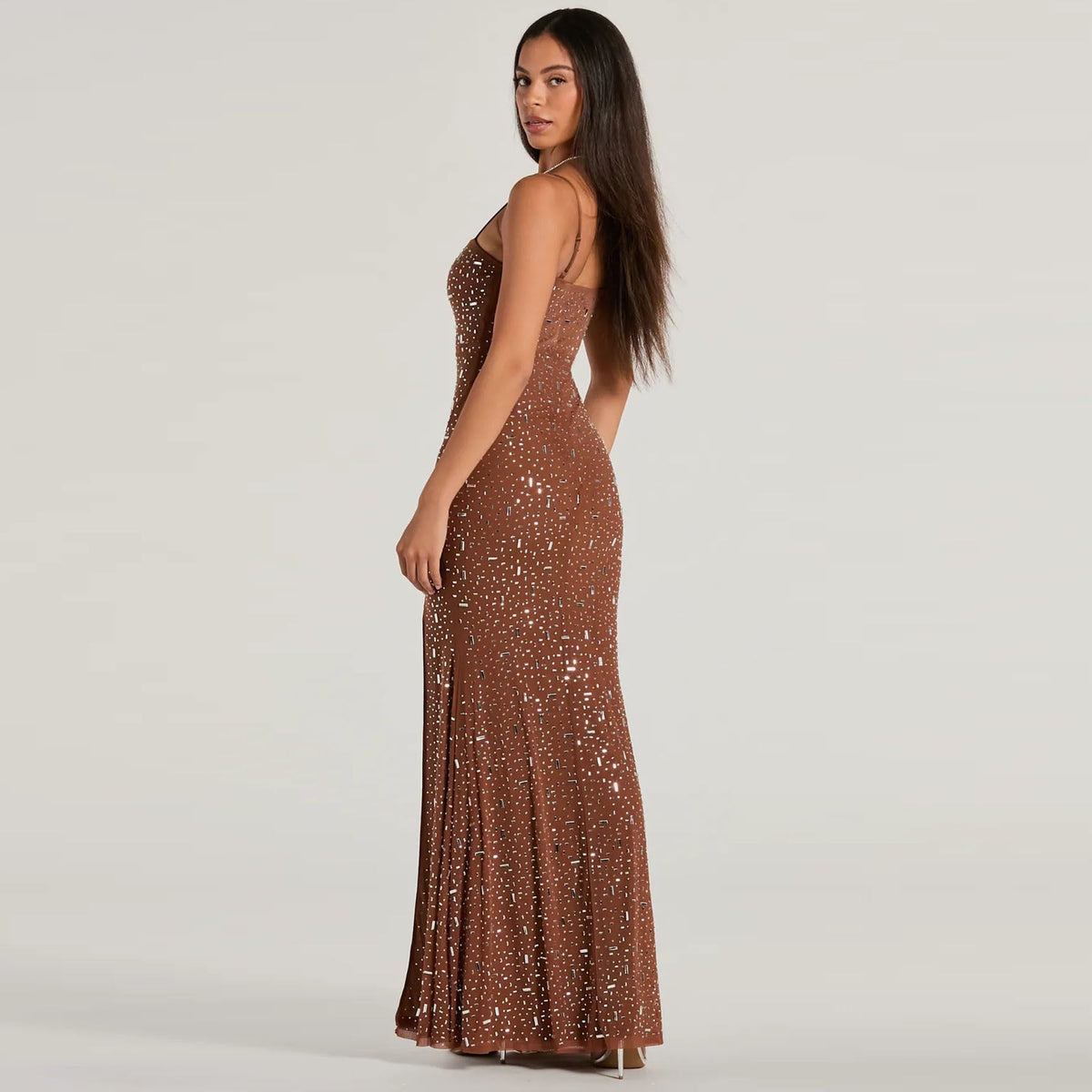 Vestido Longo Brilhante com Fenda Vivella Shine