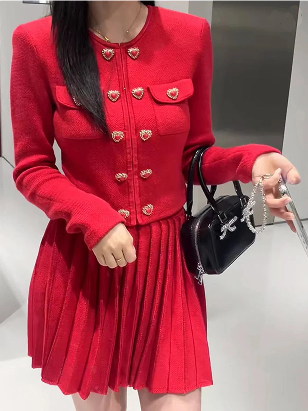 Conjunto Tricô Cardigan e Saia Plissada Vivella Madison