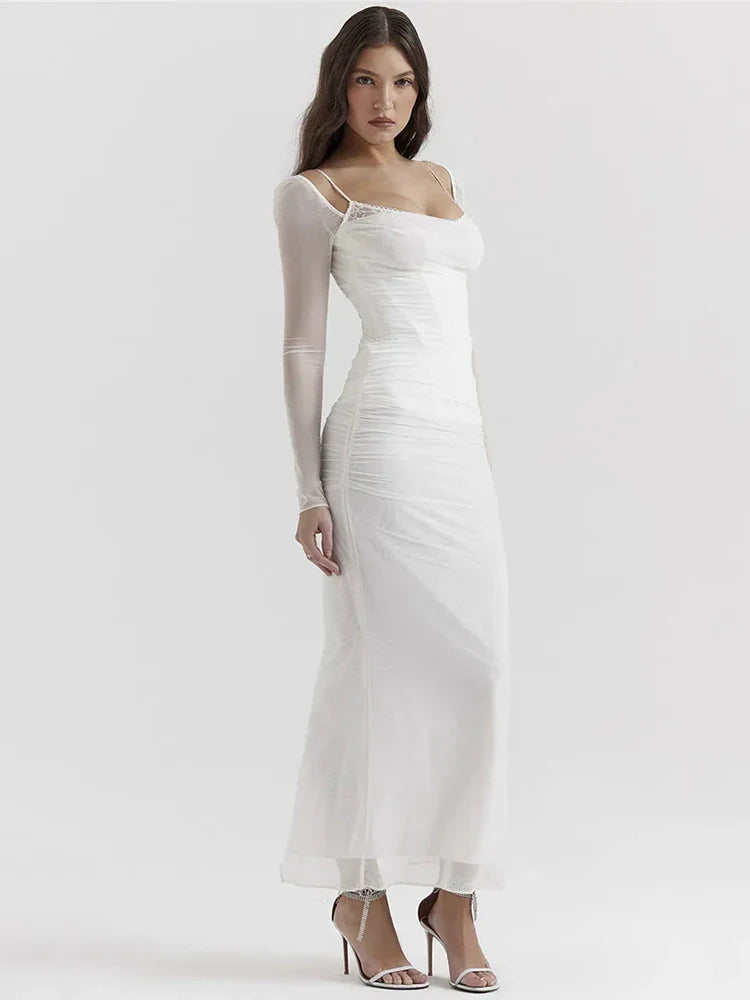 Vestido Longo com Espartilho em Camada Dupla de Tule Vivella Luxury - Manga Longa - GOLDEN ERA