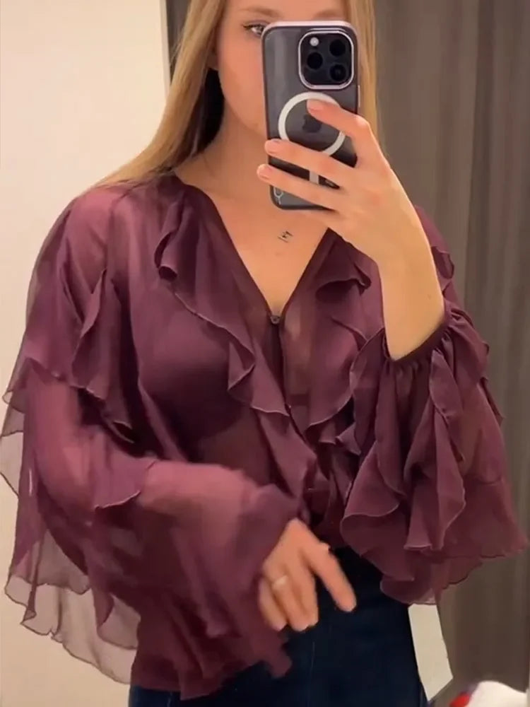 Blusa Manga Longa Chiffon Boho Chic Vivella Royal