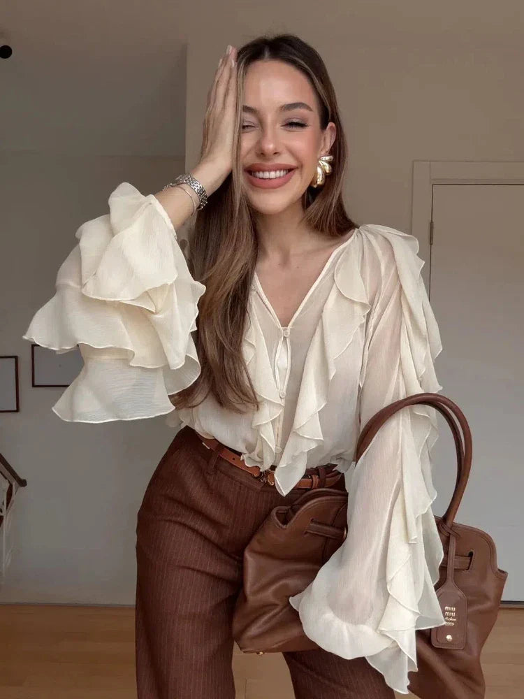 Blusa Manga Longa Chiffon Boho Chic Vivella Royal