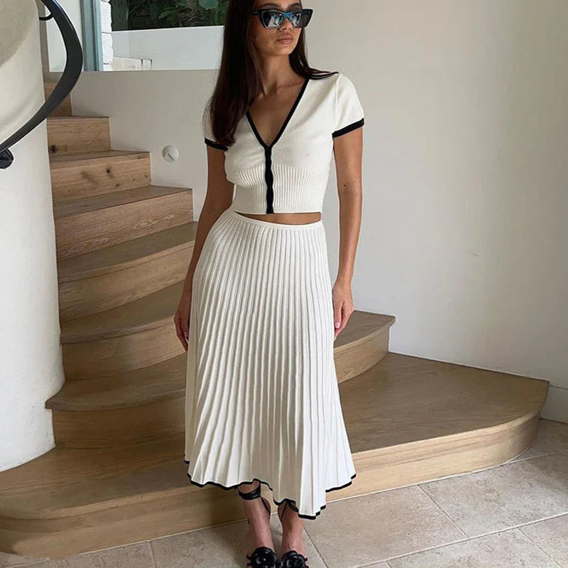 Conjunto Cropped e Saia Midi Plissada Vivella Juliette