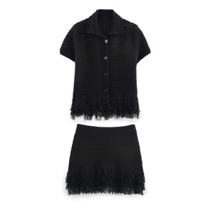 Conjunto Tricô Blusa e Saia com Franja Vivella Clara