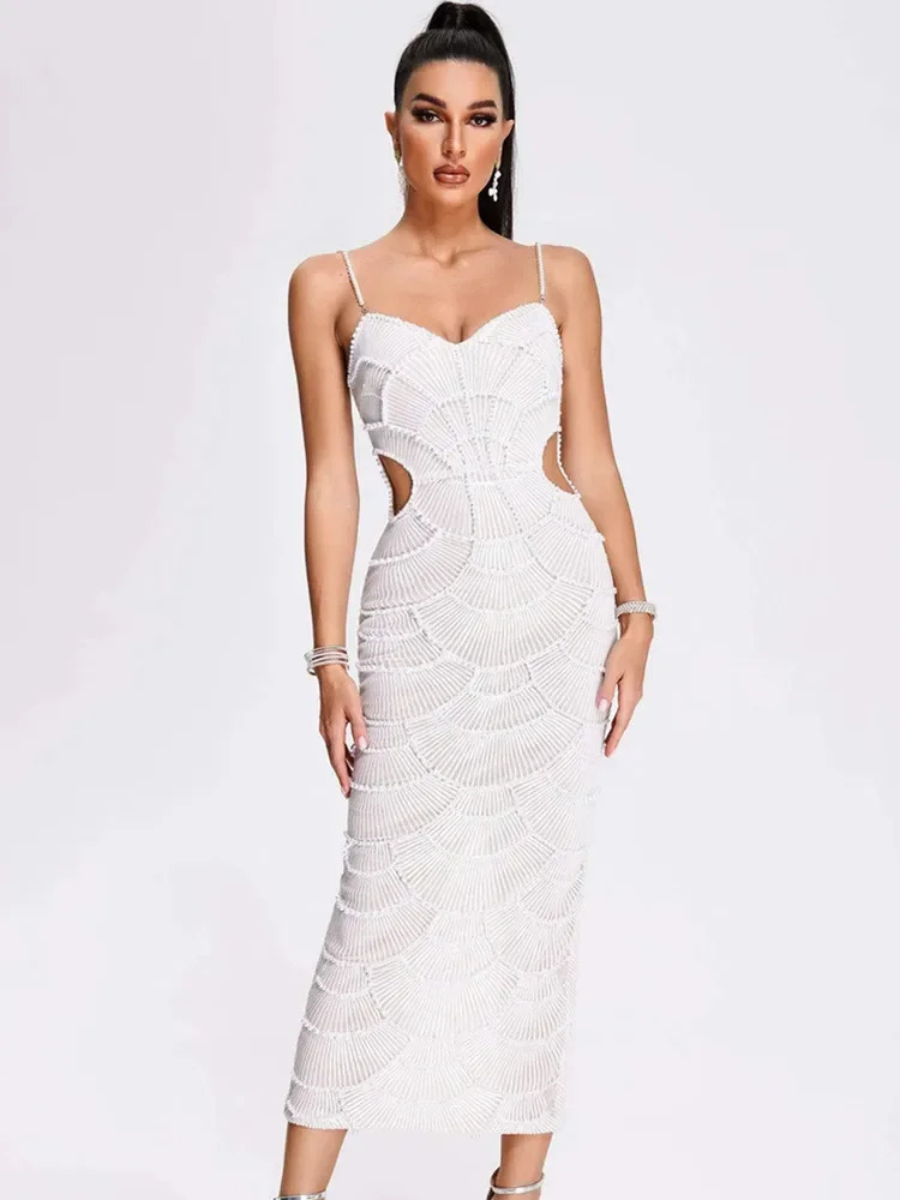 Vestido Midi Bordado com Pérolas Vivella Louise - Alta Elasticidade