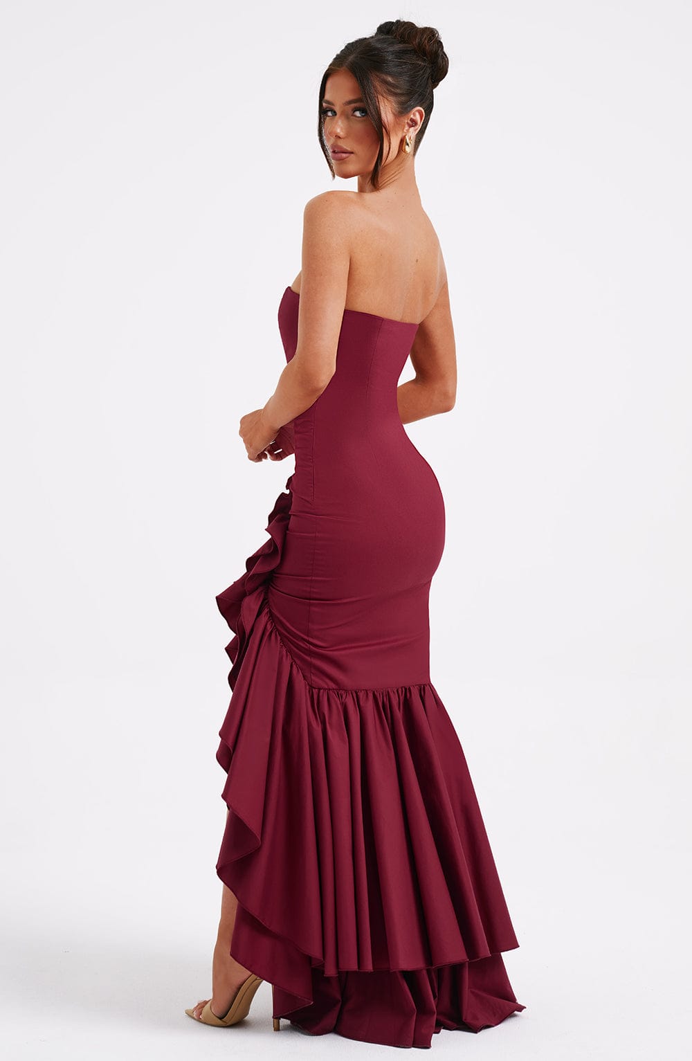 Vestido Longo com Fenda de  Babados Vivella Angelina Marsala