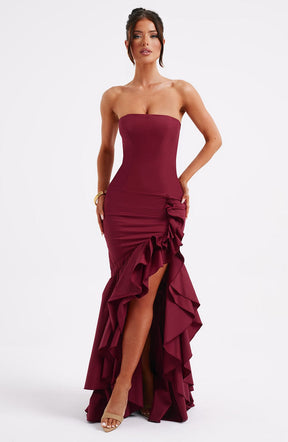 Vestido Longo com Fenda de  Babados Vivella Angelina Marsala