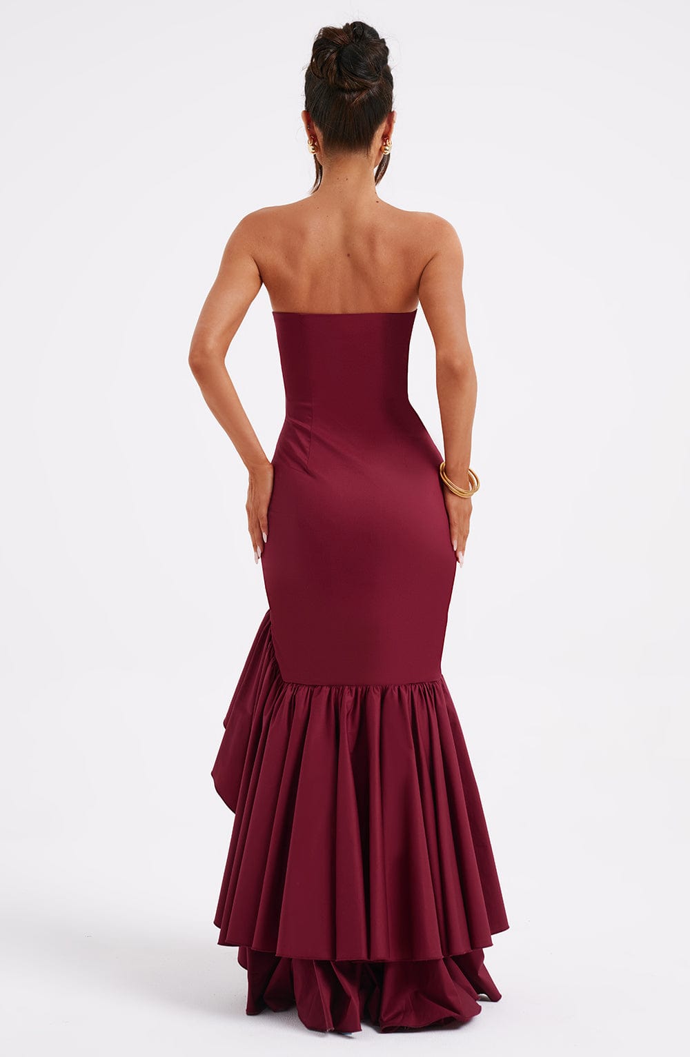Vestido Longo com Fenda de  Babados Vivella Angelina Marsala