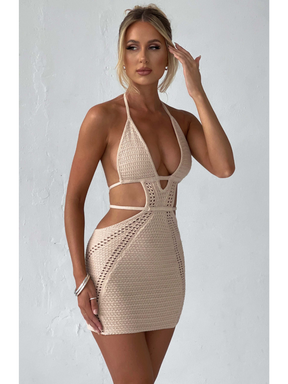 Vestido Curto Crochê Bege Premium Vivella Arabella - OÁSIS
