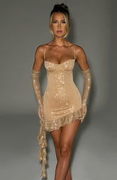 Vestido Curto com Babados Vivella Diana Dourado Glitter