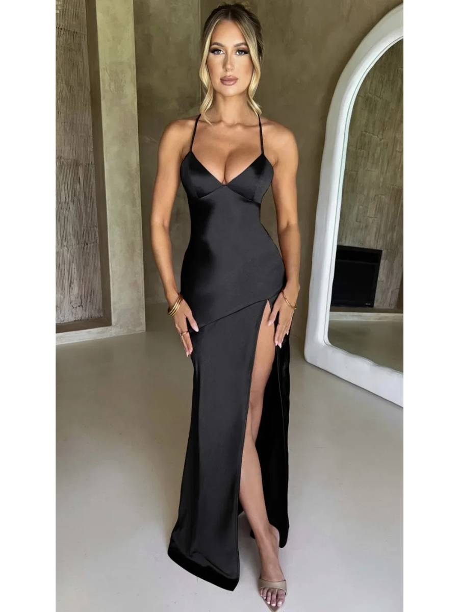 Vestido Longo de Cetim com Fenda e Decote nas Costas Vivella Stela