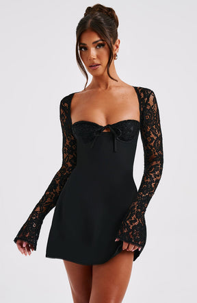 Vestido Curto Manga Longa de Renda Vivella Jacinta Preto