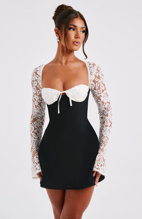 Vestido Curto Manga Longa de Renda Vivella Jacinta Preto e Branco