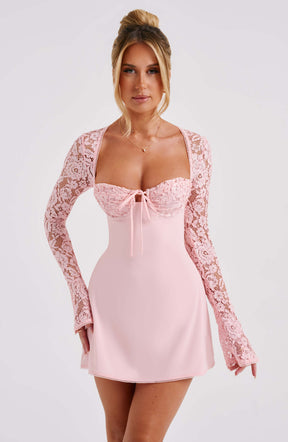 Vestido Curto Manga Longa de Renda Vivella Jacinta Rosa