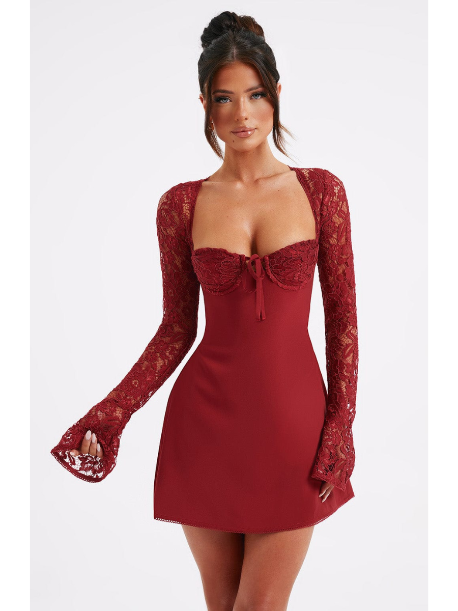 Vestido Curto Manga Longa de Renda Vivella Jacinta Vermelho