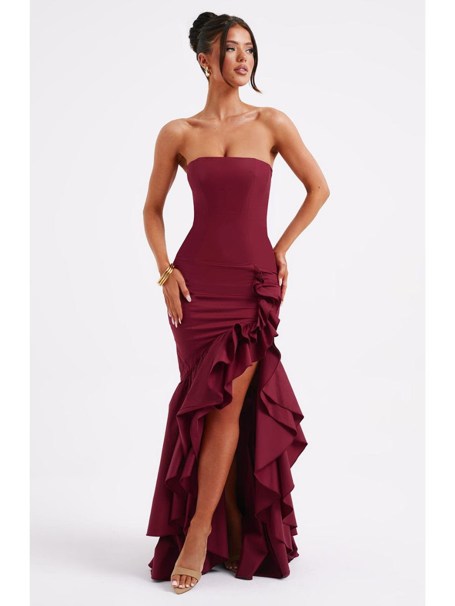 Vestido Longo com Fenda de  Babados Vivella Angelina Marsala