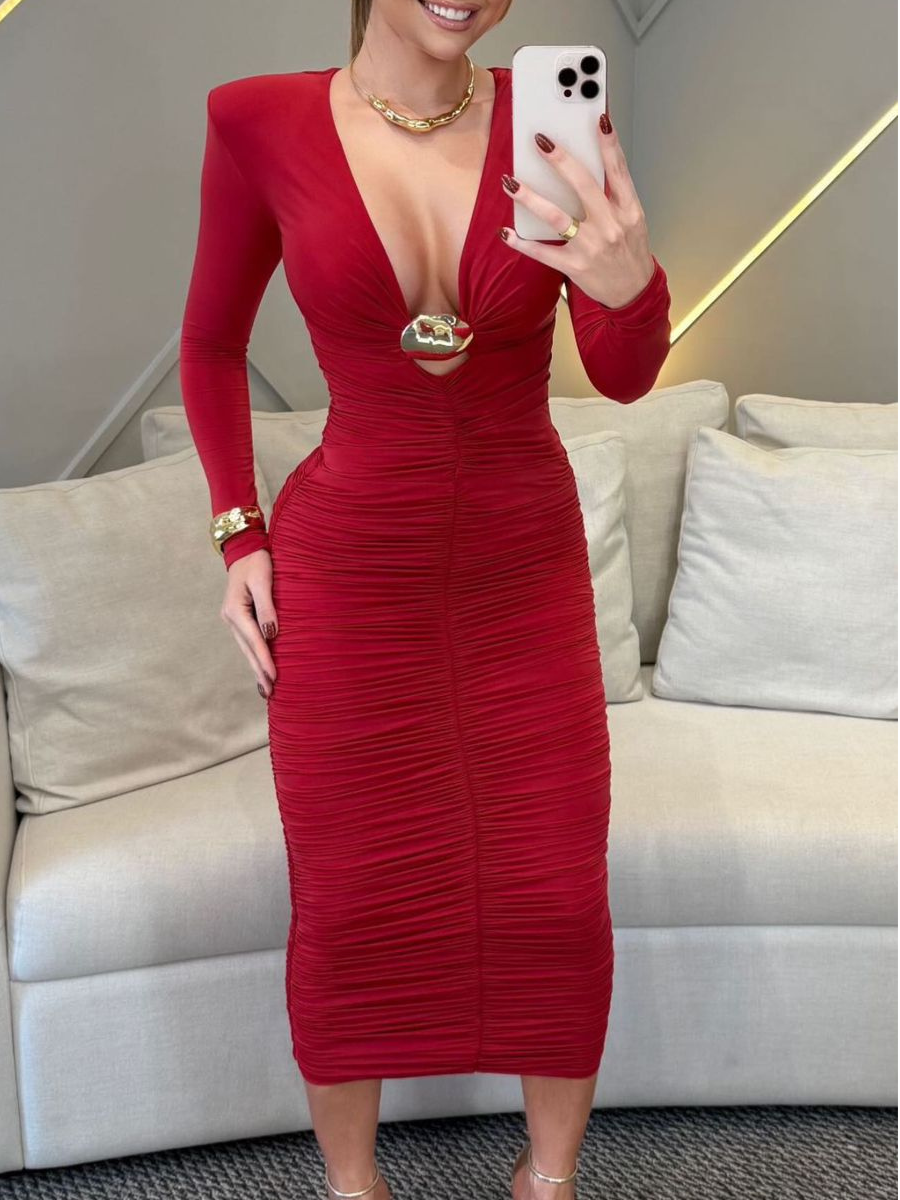 Vestido Midi Manga Longa Drapeado Vivella Adria