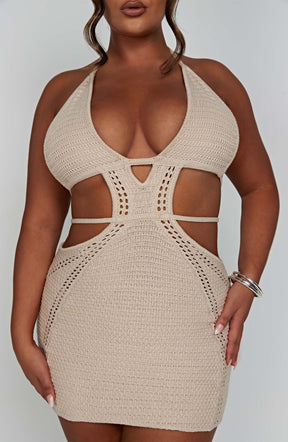 Vestido Curto Crochê Bege Premium Vivella Arabella - OÁSIS