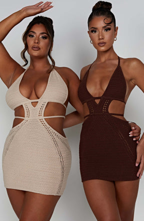 Vestido Curto Crochê Bege Premium Vivella Arabella - OÁSIS