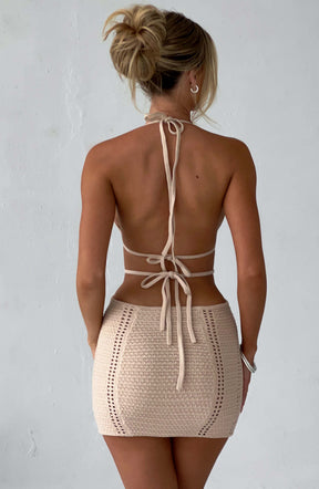 Vestido Curto Crochê Bege Premium Vivella Arabella - OÁSIS